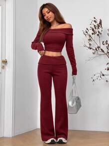 SHEIN EZwear 2 件套女士休闲露肩长袖短款上衣和喇叭裤套装，纯色，秋季 - 酒紅色 - 查看 4
