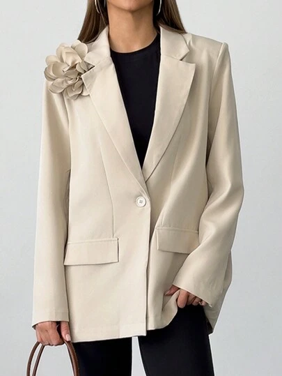 Aloruh 全新杏色优雅 3D 花卉装饰垫肩修身西装外套，百搭秋冬季