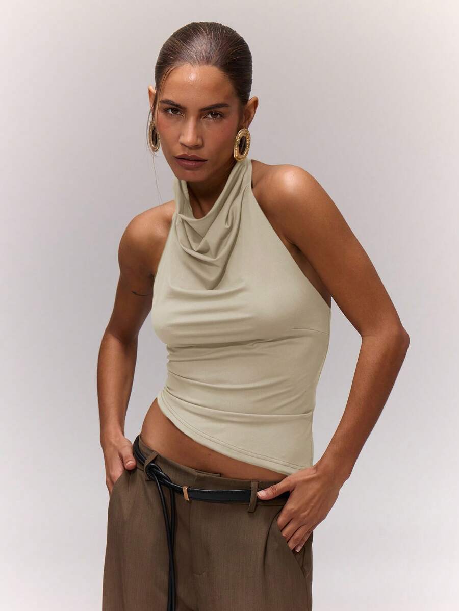 MUSERA Draped Asymmetric Halterneck Top Ibiza Festival Rave Going Out Top Fall - Apricot - View 1