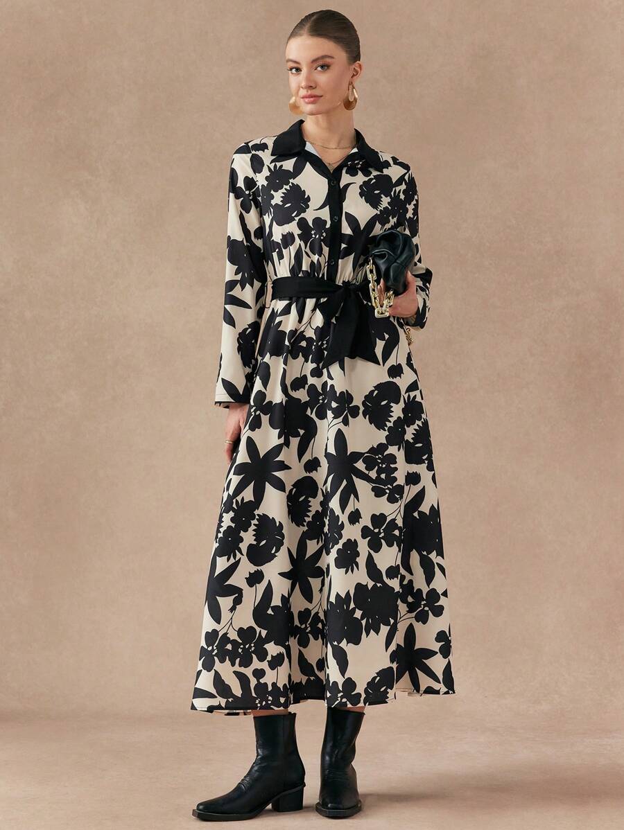 SHEIN Unity 女士优雅花卉印花束腰长裙,适合秋季 - 黑色 - 查看 1