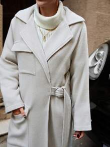 RueChic 女士口袋长袖超长优雅大衣 - 米色 - 查看 6