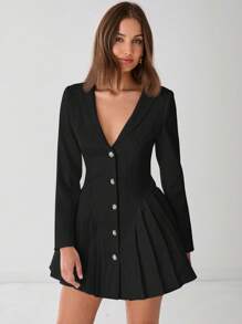 Enchnt Women's Solid Color Front Button Long Sleeve Casual Mini Dress - Black - View 5
