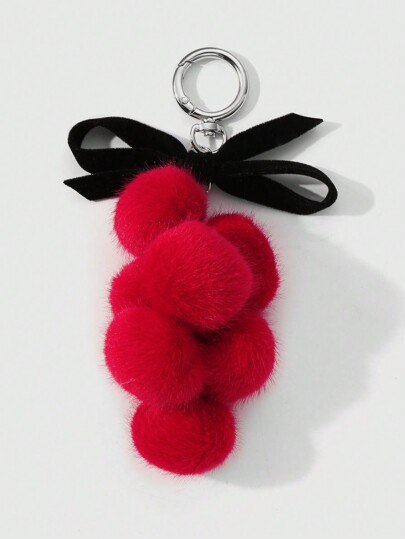 Kawaii 1 pezzo ciondolo portachiavi in velluto nero con fiocco, pompon e uva finta bordeaux, in stile gotico carino e creativo, adatto per l'uso quotidiano di donne e ragazze e come regalo per le vacanze