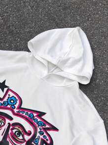 PAVTROS Manfinity Streetrush Men's Street Style Long Beard Cartoon Big Head Portrait Hooded Sweatshirt, Arm Flame Print, Autumn And Winter White Sweatshirt Vacation Graphic Long Sleeve Hoodie, For Friends, Husband, Boyfriend Gifts - White - View 3