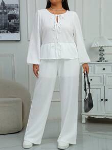 INAWLY Plus Size Solid Color Front Tie Long Sleeve Casual Top And Pants 2pcs Set Fall Cloth For Women - White - View 7