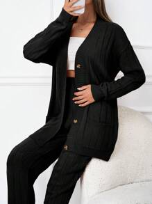 SHEIN Tall Fall Winter Casual Daily Drop Shoulder Cardigan & Sweater Pants - Black - View 6