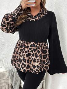 SHEIN VCAY Leopard Print Patchwork Knit Long Sleeve Casual Shirt - Multicolor - View 3