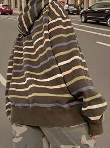 INAWLY Women's Casual Everyday Striped Zip-Up Drawstring Hooded Loose Sweatshirt, Autumn Graduation,Back To School Outfits,Graduation,Teacher Outfits For Women,Back To School Pullover Fall Outfit - Brown - View 2