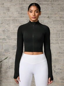 Seamless Thumb Hole Zip Up Long Sleeve Active Jacket - Black - View 8