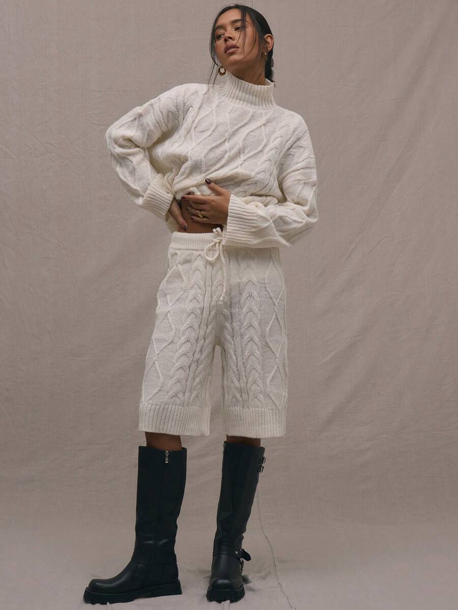 MUSERA Cable Knit Drawstring Shorts Spring Y2K 90's Casual Cute Thanksgiving  New Year - White - View 1