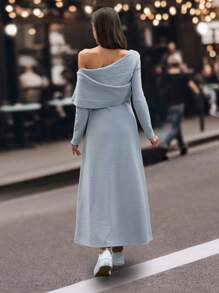 EURMUSE Đầm dài tay cổ lệch màu trơn mùa thu cho nữ, thanh lịch - Xám - Xem 2