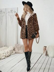 Chiquease Áo khoác cardigan trùm đầu họa tiết động vật có bo gấu tay, thích hợp cho các buổi họp mặt gia đình, đi làm và đi chơi, giữ ấm vào mùa thu/đông - Cà phê nâu - Xem 3
