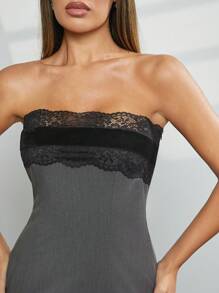 Hauture Robe tube minimaliste et quotidienne pour femme, de couleur unie avec décoration en dentelle - Gris - Voir 2