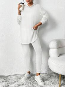 SHEIN Essnce Women Outfit Sets Black Velvet Sweatshirt Hooded Long-Sleeved Warm Tight Leggings Women's Casual Striped Hooded Top Leggings Winter