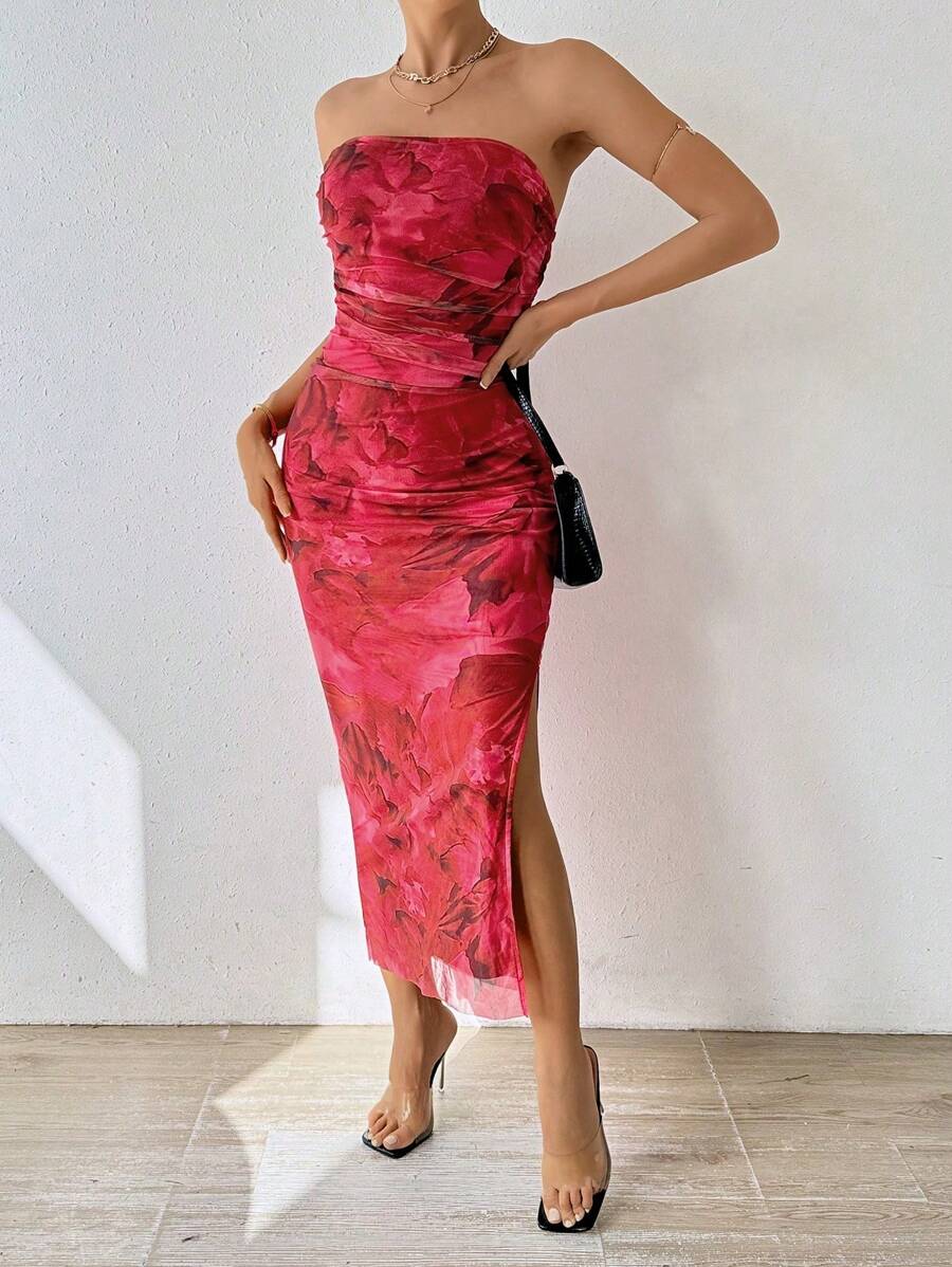 SHEIN ChicEase Women's Strapless Floral Allover Print Split Hem Casual Dress - Red - View 1