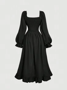 SHEIN MOD Vestido largo con cuello cuadrado vintage rojo, manga abullonada, cordón ajustable y dobladillo con volantes para mujer - Negro - Ver 2