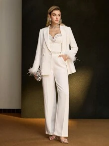 MOTF SOLID PEAK COLLAR CONTRAST FUZZY CUFF DOUBLE BREASTED PLACKET BLAZER - White - View 5