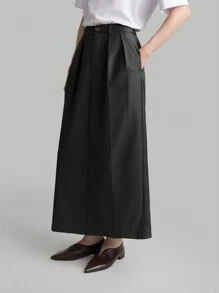 Ontre 女装2025秋季新款休闲纯色百褶长直筒裙，简约时尚，适合日常通勤、商务休闲、沙滩、生日派对、教师制服、办公室穿着