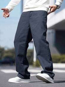 Manfinity Homme Men's Casual Front Button Pocket Simple Denim Jeans, Daily Wear - Dark Grey - View 1