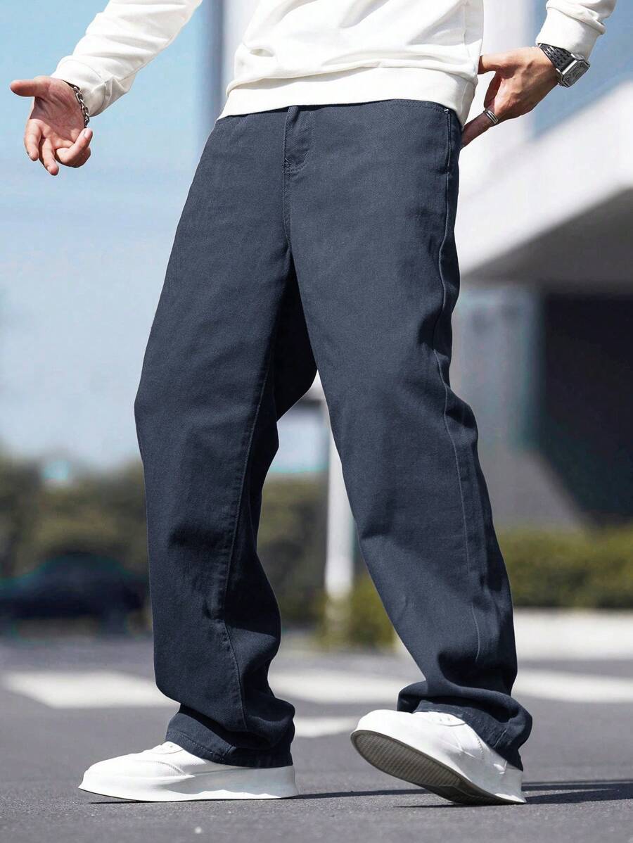 Manfinity Homme Men's Casual Front Button Pocket Simple Denim Jeans, Daily Wear - Dark Grey - View 1