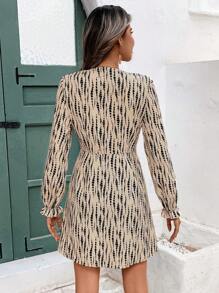 SHEIN VCAY 女式 V 领荷叶边纽扣收腰 A 字形连衣裙，适合秋冬季 - 棕色 - 查看 2