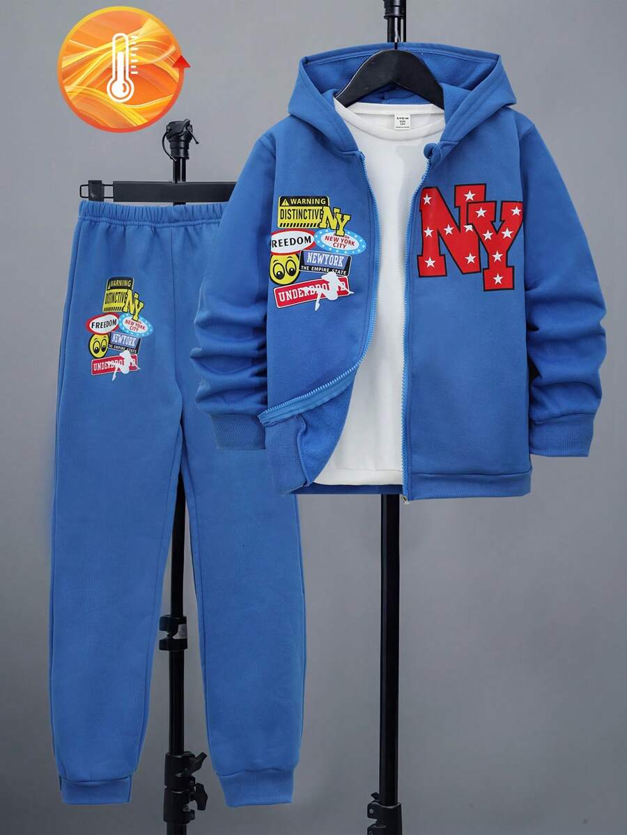 SHEIN Bộ 2 chiếc áo nỉ có mũ in họa tiết hoạt hình cho bé trai tuổi teen, phong cách thường ngày đường phố - Màu xanh lam - Xem 1