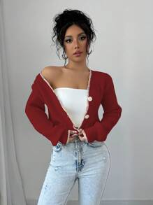 Elenzga 1pc Women Short Lotus Hem Cardigan, Autumn/Winter Fall Cloth For Women - Red - View 7