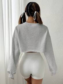 SHEIN EZwear 女士秋季休闲纯色落肩短款连帽衫、长袖上衣 - 灰色 - 查看 2