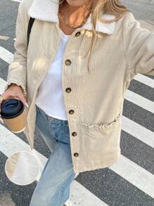 SHEIN Frenchy Damen Jacke mit flauschigem Kragen, zweifarbig, aus Cord mit gerüschtem Saum, beheizt, thermisch, flauschig, pelzig, Damenkostüme, Herbst, Pendeln, minimalistisch, Büro, Old Money, Thanksgiving, Knopf, Retro, elegante Damen, Festivalkleidung, Business Lässig Damen