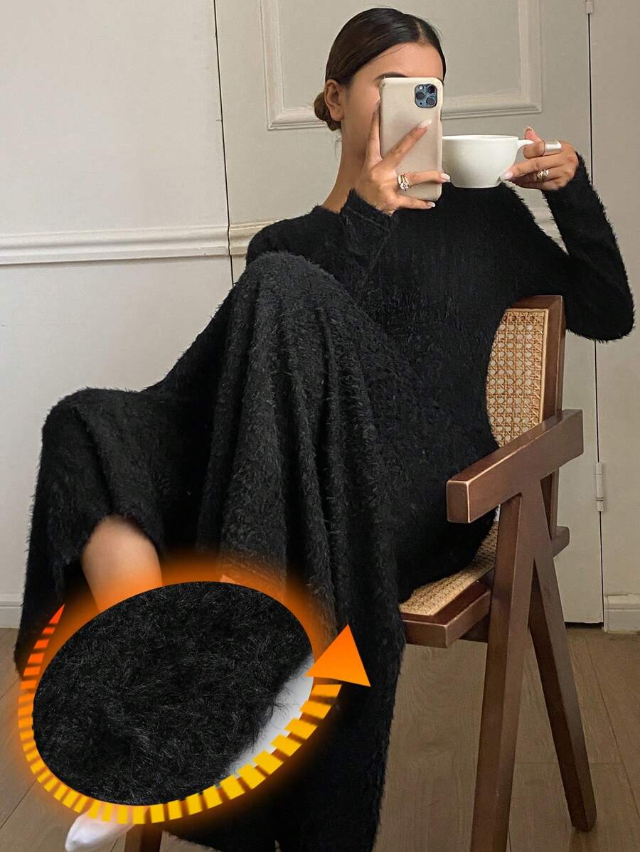 DAZY Long Fitted Knitted Fleece Loungewear Dress For Winter Pajama - Black - View 1