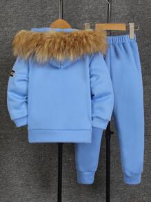 SHEIN Set de 2 piezas para niño pequeño: Chaqueta con capucha de forro polar con estampado de letras y pantalones, casual para otoño/invierno