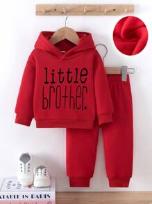 男婴趣味字母印花保暖连帽卫衣和裤子套装，休闲时尚秋冬 - 紅色 - 查看 3