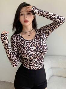 DAZY Women's Autumn Fashionable Leopard Print Fitted T-Shirt Cheetah Print Long Sleeve Women Tops,Fall Women Clothes - Camel - View 6