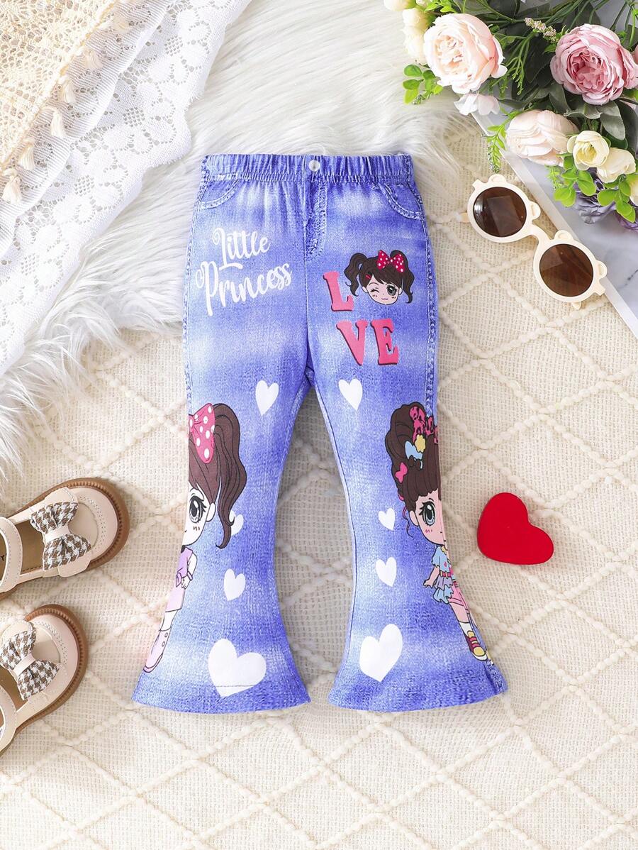 Leggings casuales para niñas pequeñas con estampado de corazones y letras, versátiles para usar al aire libre en primavera/otoño - Azul - Ver 1