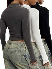 StreetHx 3pcs/Set Solid Color Stand Collar Plush Long Sleeve Base Layer Tee (Random Cut) For Women - Multicolor - View 2