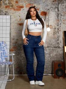 SHEIN ICON 大码女式口袋褶皱喇叭腿休闲百搭牛仔裤 - 藍色 - 查看 5