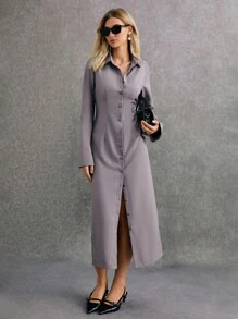 Poéselle 女士灰色腰连衣裙 纽扣门襟 喇叭袖 后开衩 纯色 长袖 单排扣休闲衬衫 中长连衣裙 秋季办公室连衣裙 女装 冬季连衣裙 灰色连衣裙 复古连衣裙 端庄连衣裙 休闲女装 冬季连衣裙 冬季女装 灰色轻松时尚基本款 工作女装 优雅女装 新年女装 除夕 春季连衣裙 情人节连衣裙 - 灰色 - 查看 7