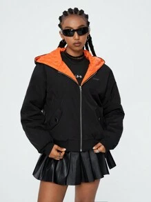 SHEIN EZwear Women's Fall/Winter Rapper Corta Vento Color-Blocked Quilted,Black Coat - Black - View 4