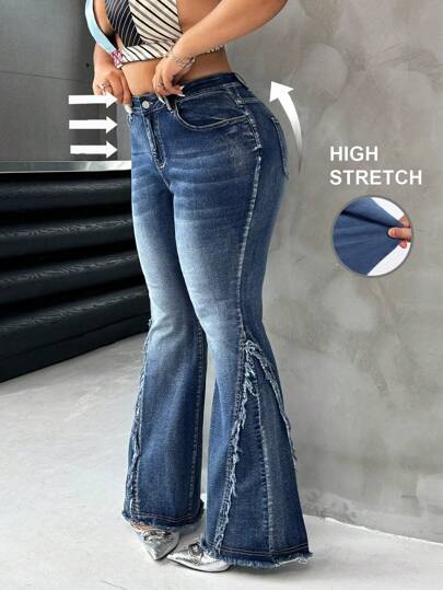SHEIN ICON Blue Plus Size Jeans Stretch Flared Pants Y2K Outfit Autumn And Winter Jeans Cutoff Pants Retro Style, Fall Women Clothes