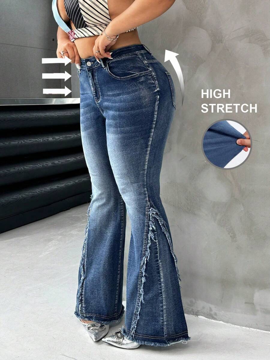 SHEIN ICON Quần jeans ống loe co giãn màu xanh dương cỡ lớn, kiểu dáng Y2K mùa thu đông, phong cách retro dành cho nữ. - Rửa trung bình - Xem 1