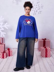THE POLAR EXPRESS X SHEIN 大码休闲圣诞礼物铃铛印花蓝色 T 恤适合日常穿着 - 藏蓝色 - 查看 5