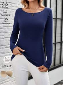 EMERY ROSE Women Casual Solid Color Crew Neck Long Sleeve Padded Breathable Fitted T-Shirt, Spring/Autumn