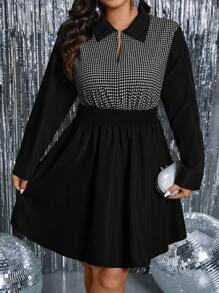 SHEIN Clasi Plus Size Women's Patchwork Houndstooth Print Long Sleeve Elegant Dress, Autumn/Winter