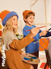 SHEIN Set de 2 piezas para niños pequeños - Suéter de cuello redondo de manga larga con estampado de dibujos animados lindo/vintage/casual/de vuelta a la escuela y pantalones, adecuado para la escuela y exteriores, primavera/otoño/invierno