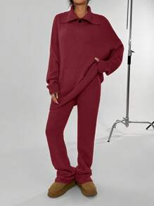 SHEIN Unity Bộ 2 món/Bộ đồ nữ cổ polo màu trơn dài tay áo len và quần dệt kim thường ngày, Thu/Đông - Đỏ - Xem 4