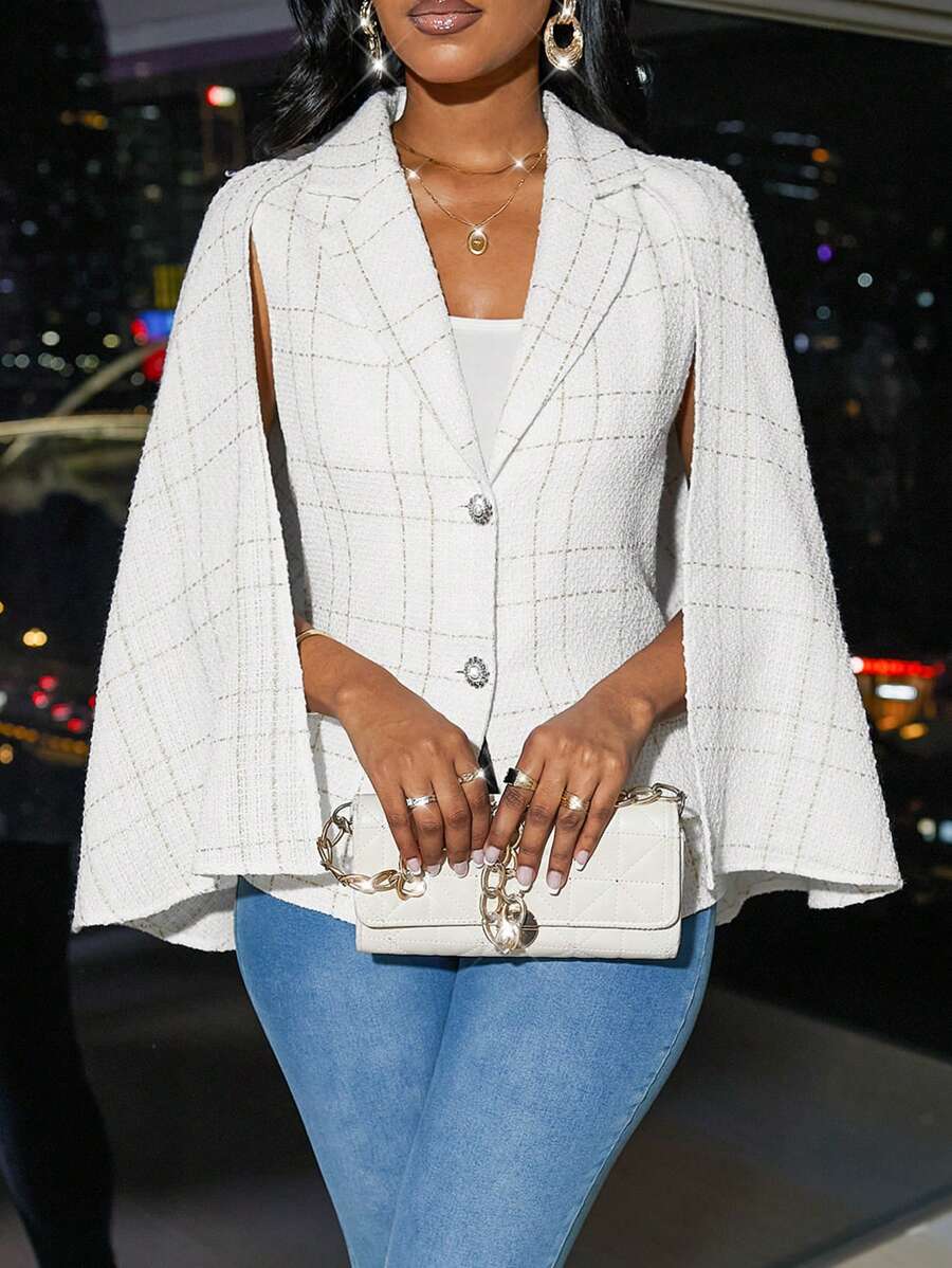 SHEIN Clasi 1 件女士优雅通勤粗花呢斗篷夹克，秋季