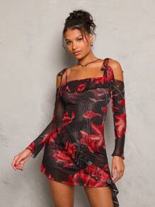 Glamine Abstract Flowers Print Asymmetric Neckline Tie Shoulder Dress,Strap Ruffle Hem Asymmetric Long Sleeve Dress For Women,  Elegant Outfit For Daily Dates, Clubbing, Party And Christmas,New Years Events Clothes,Autumn/Winter Clothes For Women - Multicolor - View 4