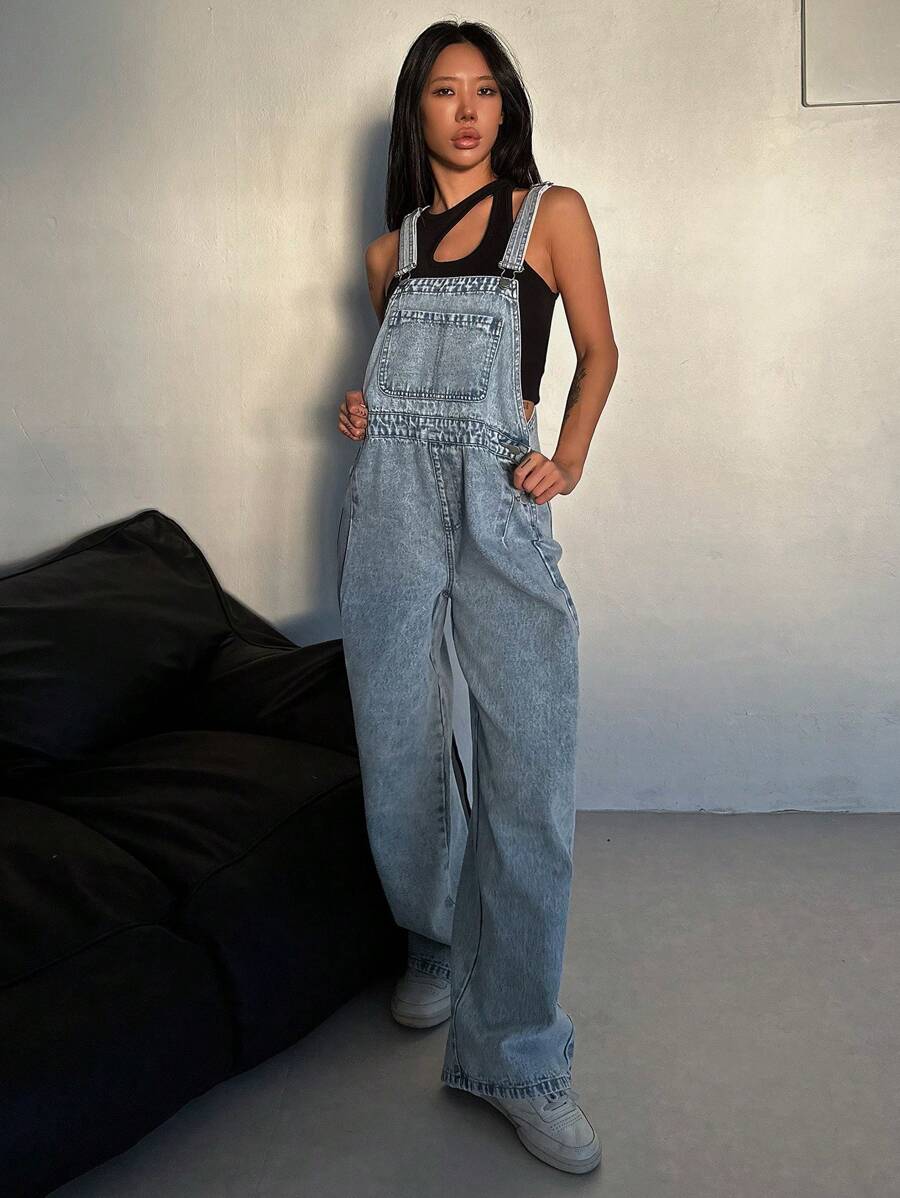 DAZY Women's Solid Color Front Pocket Thick Strap Sleeveless Denim Jumpsuit Overalls - Blue - View 1