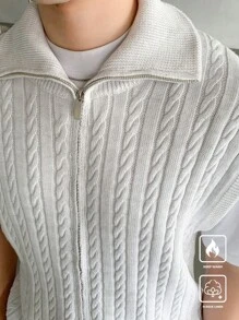 Manfinity CasualKnits Men's Solid Color Zipper Front Cardigan Vest, Casual Knitted Sweater, Autumn/Winter - Beige - View 2