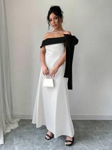 Elenzga Elegant Contrast Color Long Dress, Suitable For Party - White - View 6